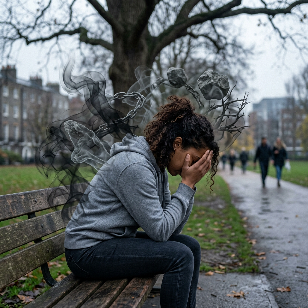 Woman on park bench holding face with smoke, chains, rocks, and branches symbolizing stress